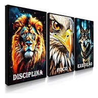 Quadros Decorativos Disciplina Execução Foco Leão - Kit 3 Peças para Escritório - imagem 2
