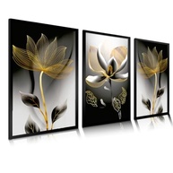 Quadros Decorativos Luxo Flor de Luz em Ouro Preto - 3 Peças 40x60cm - MDF Premium para Sala e Hall - imagem 2
