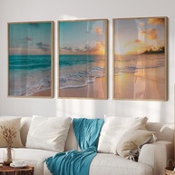Quadro Triplo de Arte 3 Telas - Paisagem Mar e Praia ao Pôr do Sol | Moldura de Madeira com Vidro | 60x90 cm - imagem 2