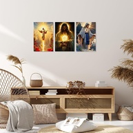 Tríptico de Luz Sagrada - 3 Peças com Figuras Celestiais | Arte Espiritual 20x30cm - imagem 1