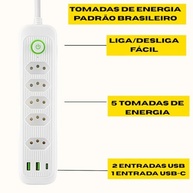 Régua Elétrica 5 Tomadas + 3 USB (1 Tipo-C) 3m Bivolt 2500W - Organize e Carregue Tudo! - imagem 4