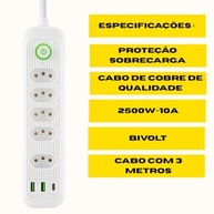 Régua Elétrica 5 Tomadas + 3 USB (1 Tipo-C) 3m Bivolt 2500W - Organize e Carregue Tudo! - imagem 3