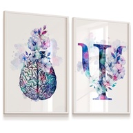 Kit 2 Quadros Decorativos Cérebro e Coração com Flores - 33x43cm - Moldura Branca - imagem 1