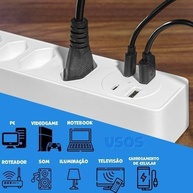 Régua de Energia Inteligente: 4 Tomadas, 2 USB e 2 Tipo-C com Cabo de 2m - Potência 2500W (Branco) - imagem 5