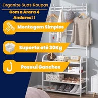 Sapateira Organizador Vertical com Cabideiro e 4 Prateleiras - Arara Multiuso em Metal Branco - imagem 5