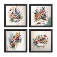 Kit 4 Quadros Aquarela 18x18 cm com Moldura e Vidro - Decoração Elegante para Banheiro e Lavabo - imagem 1