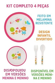 Kit Refeição Infantil 4 Peças em Melamina - Prato Divisório + Bowl + Garfo + Colher | Rosa/Azul - imagem 4