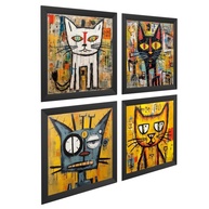 Kit 4 Quadros 18x18 cm Gatos Basquiat Arte Urbana com Moldura e Vidro - imagem 3
