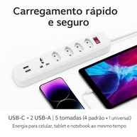 Filtro de Linha 7 em 1: 4 Tomadas + 3 USB (Tipo-C), Extensão Elétrica Bivolt 2500W com Cabo 2m e Interruptor - Branco - imagem 5