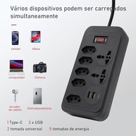 Régua de Energia Inteligente: 5 Tomadas Universais + 2 USB + 1 USB-C (Preta) - imagem 5