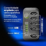 Regulador de Tomadas Bivolt com 5 Tomadas e 4 USB (Tipo-C Incluso) - Organize sua Energia! - imagem 4