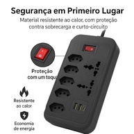 Régua de Energia com 5 Tomadas, 3 USB (1 Tipo-C) e Proteção contra Sobrecarga - Preto - imagem 5