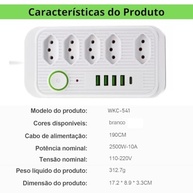 Filtro de Linha Bivolt 5 Tomadas + 4 USB: Extensão Elétrica Segura 1.9m, Carregamento Rápido e Proteção Total - Branco - imagem 4