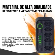 Régua de Energia Premium 5 Tomadas + 4 USB + 1 Tipo-C | Filtro de Linha Preto 2m 2500W - imagem 5