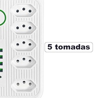 Régua de Tomada com Filtro de Linha B-Max: 5 Tomadas + 4 USB + 1 USB-C (2m, Bivolt, Branco) - imagem 5