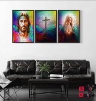 Quadro Decorativo Religioso Jesus Cristo Maria Cruz Sagrada - Kit 3 Peças 50x30cm - imagem 3