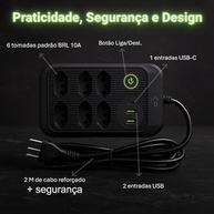Régua de Energia 6 Tomadas + 3 USB (Tipo-A e C) - 2m Reforçado Bivolt 2500W - imagem 3