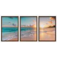 Quadro Triplo de Arte 3 Telas - Paisagem Mar e Praia ao Pôr do Sol | Moldura Tabaco 60x90cm com Vidro - imagem 4