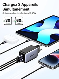 Carregador UGREEN 65W GaN USB-C: 3 Portas, PD Rápido para MacBook, iPhone, Samsung e Mais - imagem 3