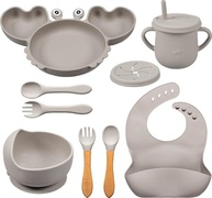 Kit Alimentação Bebê Silicone 9 Peças - BLW, Antiderrapante, Livre de BPA | Prato, Copo, Talheres e Babador (Cinza) - imagem 2