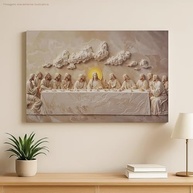 Quadro Santa Ceia Canvas 90x60cm | Arte Sacra Bege e Dourado para Decoração Religiosa - imagem 3