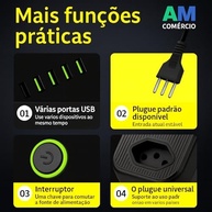 Extensão Elétrica Premium 5 Tomadas + 6 USB (4 USB-A + 2 USB-C) - 1,9m, 2500W Bivolt com Proteção - imagem 3