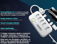 Extensão Régua Elétrica Inteligente: 5 Tomadas, 6 USBs (2 USB-C), 2m, 2500W, Proteção Sobretensão - Premium Branco/Preto - imagem 2