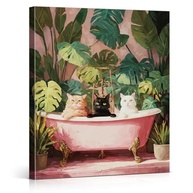 Arte de Parede Vintage Rosa com Gatos Tropicais - Banheiro Decorativo 20x25cm - imagem 2