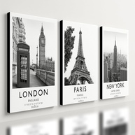 Kit 3 Quadros Decorativos Londres Paris New York - Design Premium para Quarto e Sala (28x20cm) - imagem 1