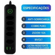 Régua de Energia Inteligente: 5 Tomadas, 2 USB-A + 1 USB-C, Cabo 2m (Preto) - imagem 4