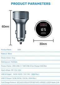Carregador Turbo Veicular 54W PD USB-C + USB com Display LED - Carregamento Rápido Android/iOS - imagem 5