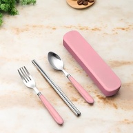Conjunto de Talheres Reutilizáveis em Aço Inox com Caixa Portátil Rosa - Garfo, Colher e Pauzinhos para Acampamento, Escola e Escritório - imagem 4