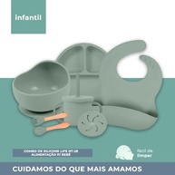 Combo Silicone Life NT-28 Alimentação Infantil Verde - Prato, Tigela, Caneca com Canudo e Talheres - imagem 3