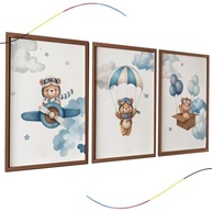 Conjunto de 3 Quadros Decorativos Infantis Urso Aviador Azul - Moldura Marrom para Quarto de Bebê - imagem 2