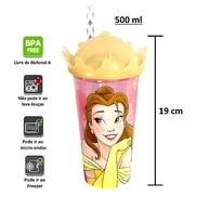 Coleção 3 Copos 500ml com Canudo e Coroa - Princesas Pequena Sereia, Bela e Branca de Neve - imagem 5