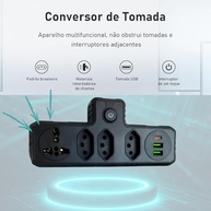 Régua de Energia 4 Tomadas + 3 USB (1 USB-C) 2500W Bivolt - Organize e Carregue Tudo! - imagem 3