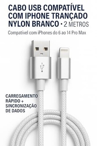 Cabo USB Turbo 2m Nylon Trançado Branco - Carregamento Rápido para iPhone 14/13/12/11/SE e Mais - imagem 5