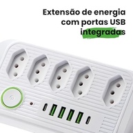 Régua de Energia Premium: 5 Tomadas, 4 USB-A, 2 USB-C, Cabo 2m Bivolt - Carregamento Inteligente - imagem 3