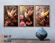 Quadro Decorativo Beija-Flor com Flores de Cerejeira Rosa Ouro - Kit 3 Peças 90x50cm - imagem 5