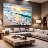 Quadro Decorativo com Moldura e Acrílico - Paisagem de Ondas e Pôr do Sol para Sala e Quarto - imagem 5
