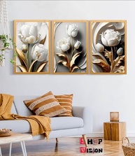 Kit 3 Quadros Flores Tulipas Brancas Douradas - Decoração Elegante com Amor - imagem 3