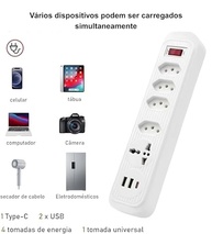 Filtro de Linha 7 em 1: 4 Tomadas + 3 USB (Tipo-C), Extensão Elétrica Bivolt 2500W com Cabo 2m e Interruptor - Branco - imagem 3