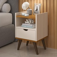 Mesa de Cabeceira Alice Retrô com 1 Gaveta e Nicho - Design Off White e Freijó - imagem 1