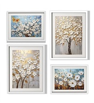 Kit 4 Quadros Decorativos com Moldura em Madeira e Vidro - Flores Bege e Dourado - imagem 3