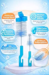 Kit Escova Lava Mamadeira e Copos com Escova para Bicos - Cerdas em Polipropileno, Ponta com Esponja, Cabo Curto, Limpeza Completa e Segura (AZUL) - imagem 4