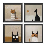 Kit 4 Quadros 18x18 cm com Arte de Gatos | Moldura Preta em Madeira Ecológica - imagem 1