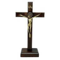Crucifixo de Mesa São Bento em Madeira Natural - 18 cm | Decoração Religiosa Elegante - imagem 1
