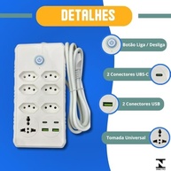 Régua de Energia Profissional 6 Tomadas Universais + 4 USB (2 USB-C) - Cabo 2m com LED - imagem 4