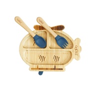 Kit Prato de Bambu Helicóptero com Talheres em Bambu e Silicone Azul Escuro - Pippo - imagem 1