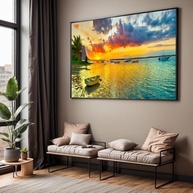 Quadro Decorativo com Moldura - Paisagem Mar e Sol 130x90cm - Luxo Grande Horizontal - imagem 4